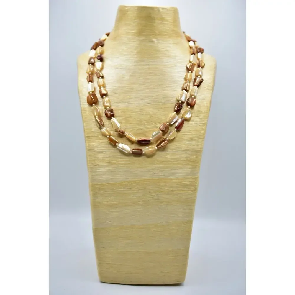Vintage Necklace Long Stone Beaded Neutral Beige Brown White 48